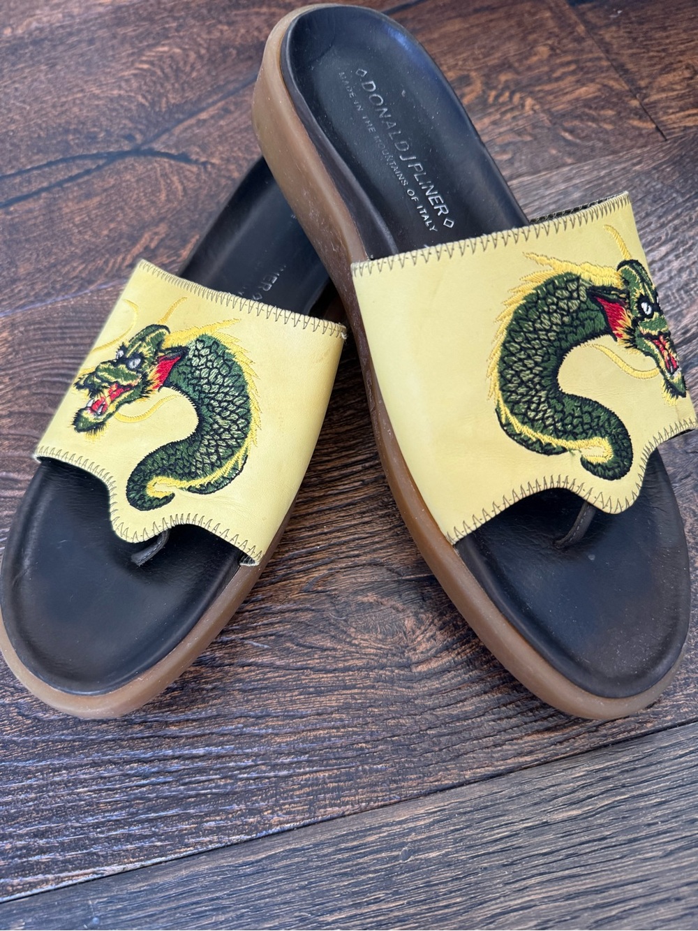 Donald J. Pliner Yellow Leather Dragon Slide Sandals with Black Footbed - Picture 2 of 5